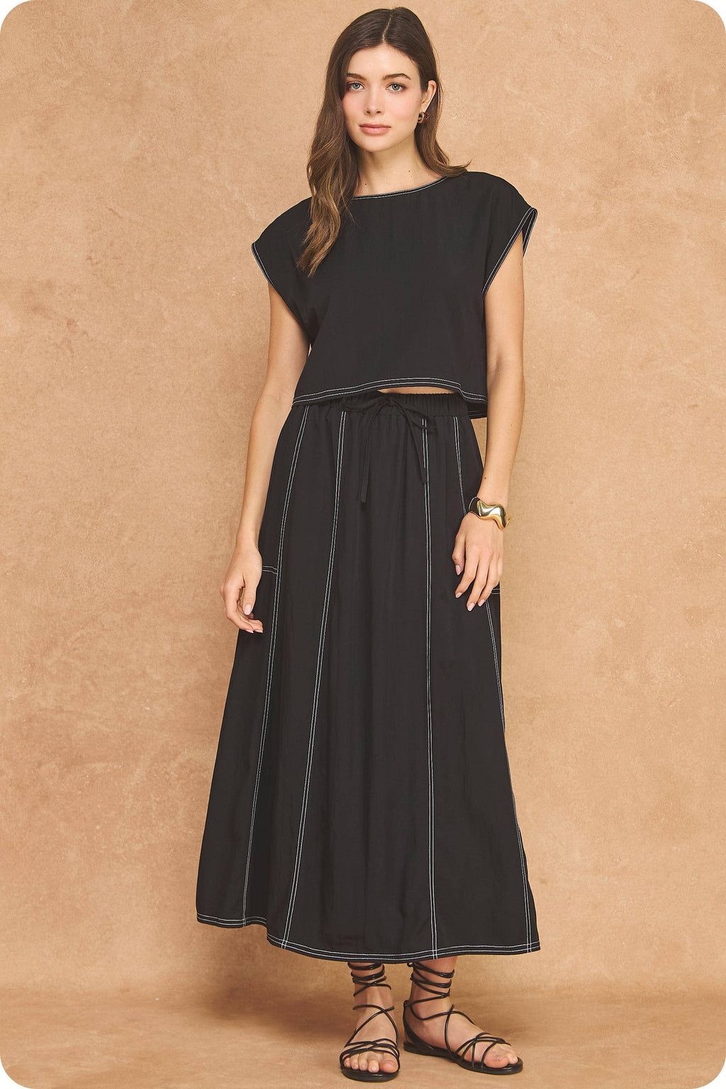 Top Stitch Cap Sleeve Top & Midi Skirt 2-Piece Set