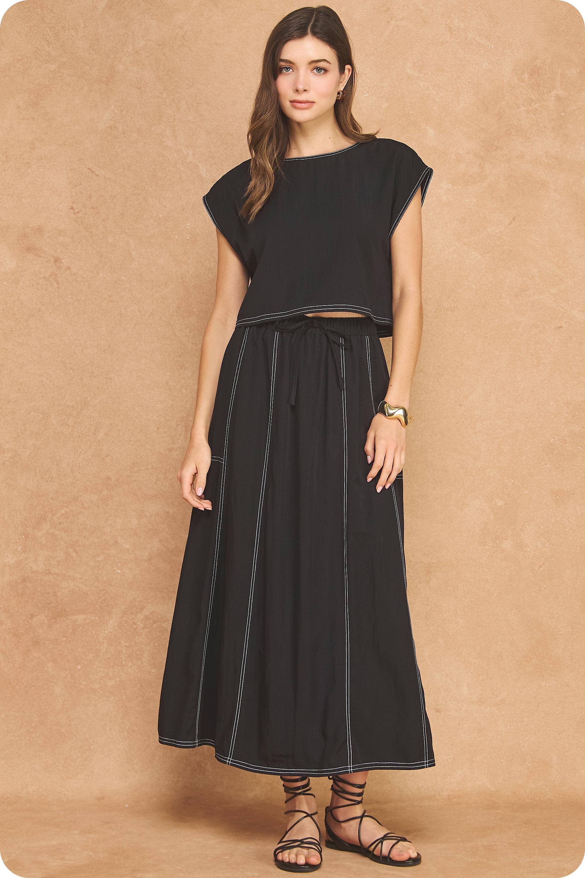 Top Stitch Cap Sleeve Top & Midi Skirt 2-Piece Set