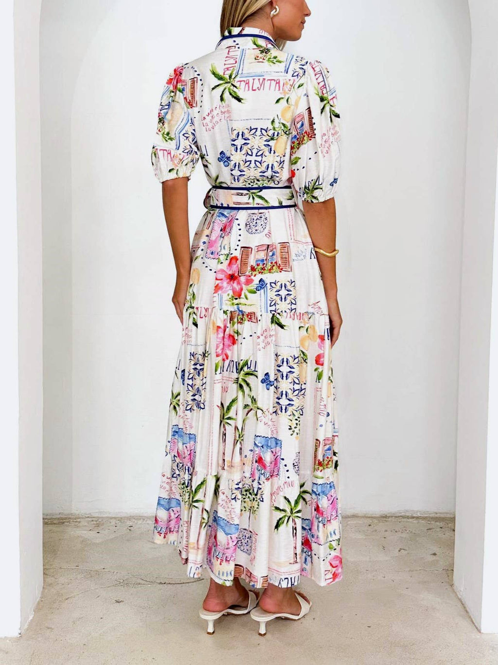 Summer Vibe Tropical Palm Belted Maxi Shirt Dress