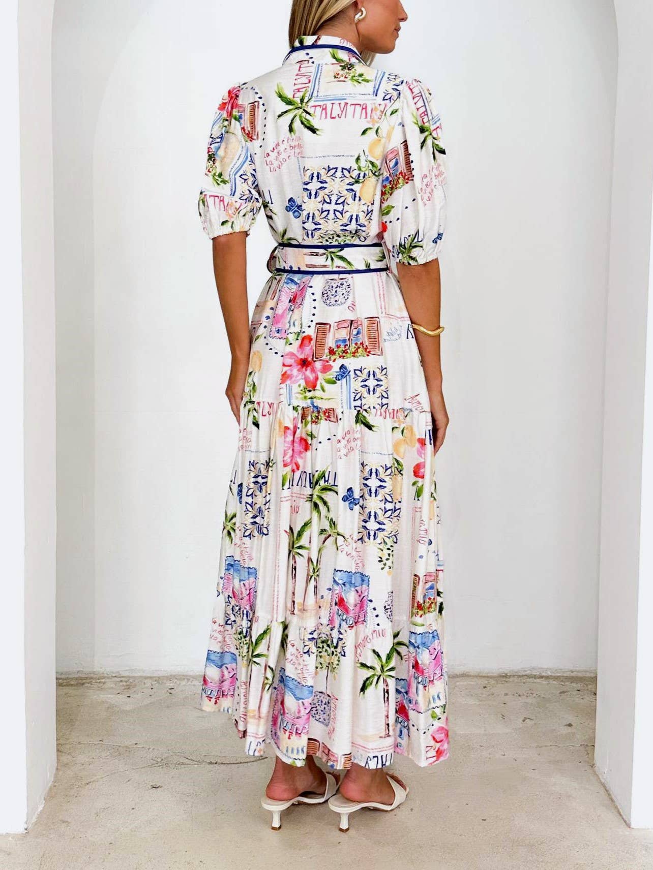 Summer Vibe Tropical Palm Belted Maxi Shirt Dress