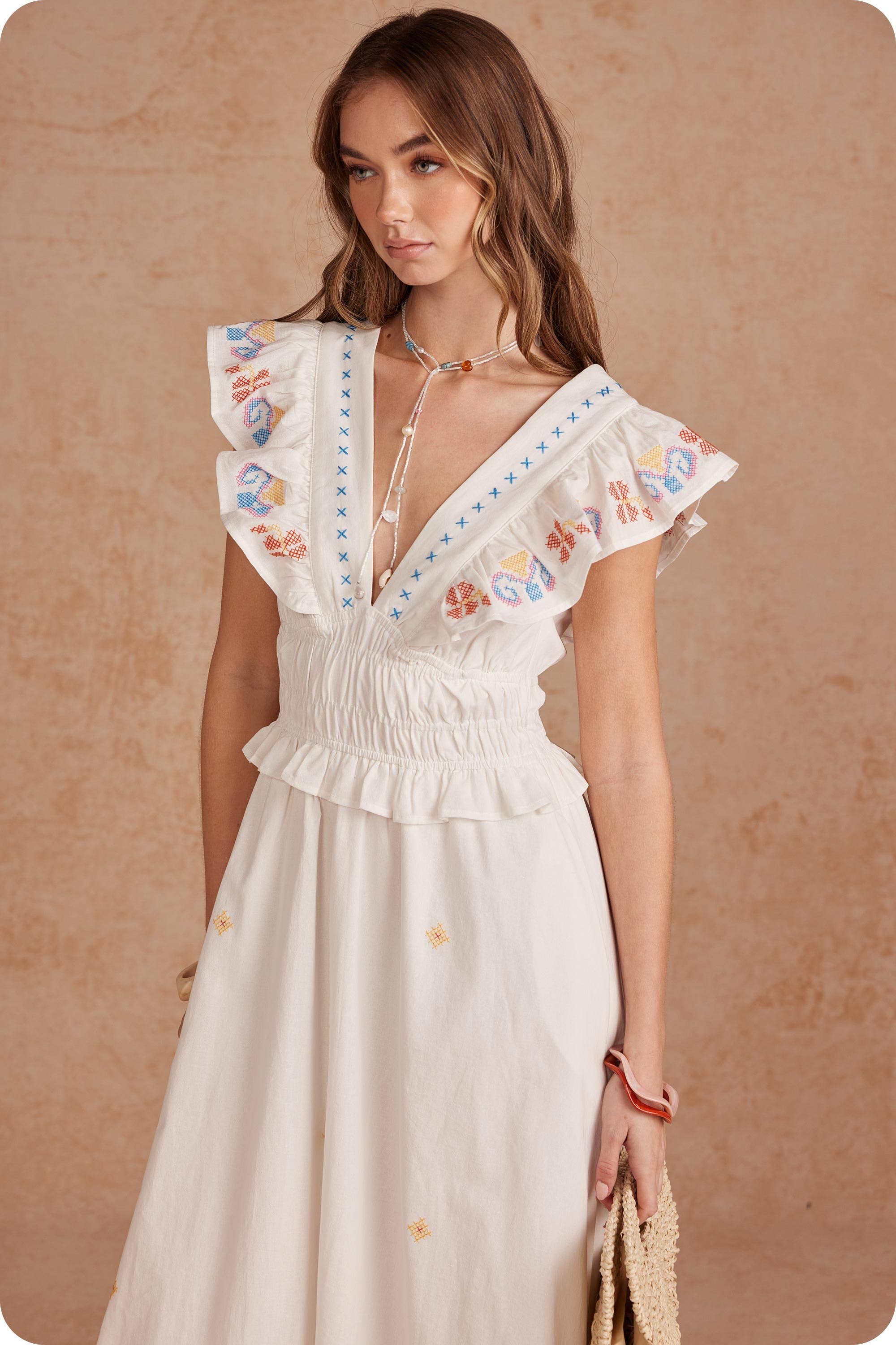 Cross-Stitch Embroidered Flutter Sleeve Midi Dress