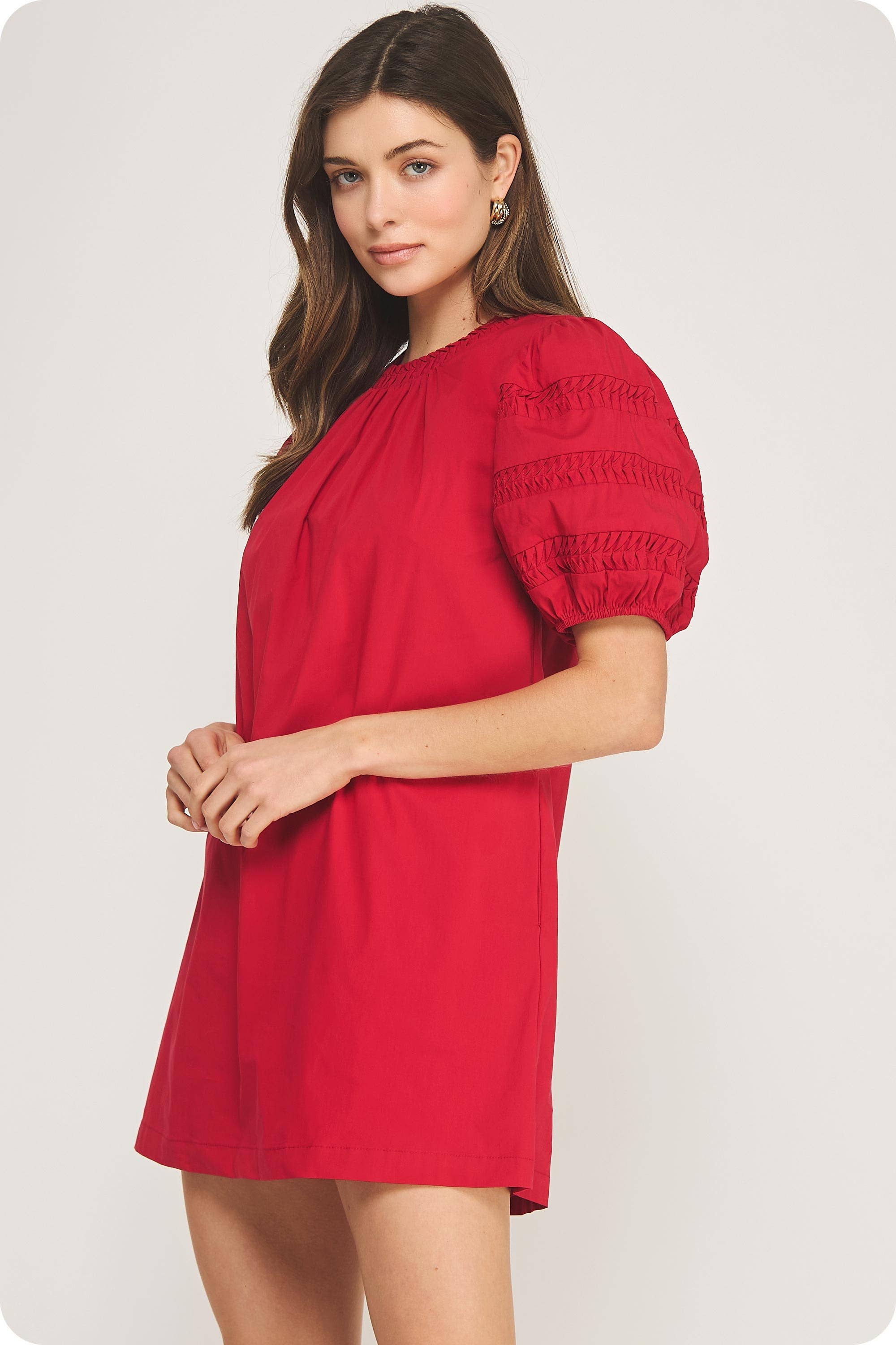 Reverse Pintuck Puff Sleeve Mini Dress