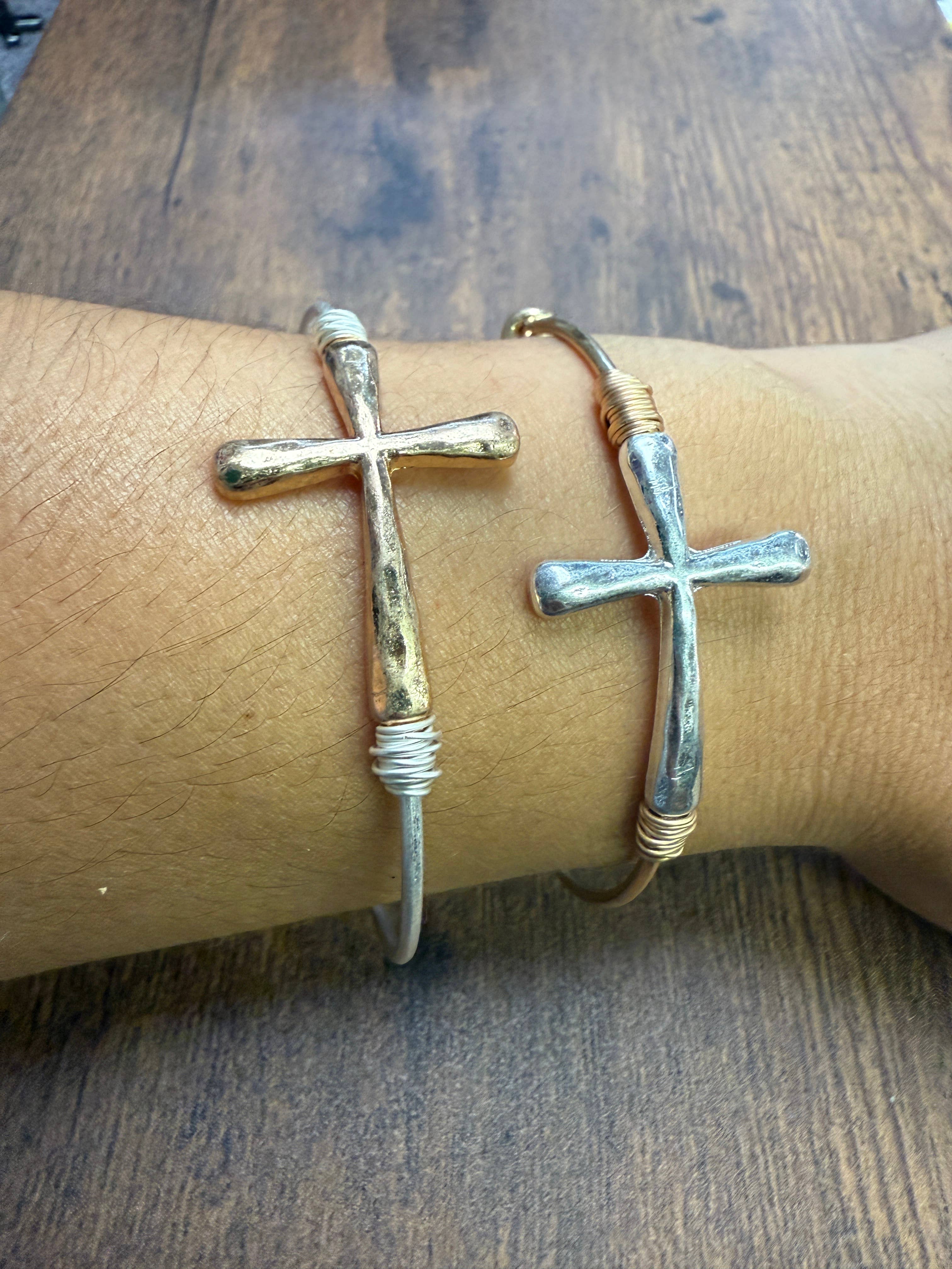 Two-tone Wire Wrapped Cross Bangle Bracelet