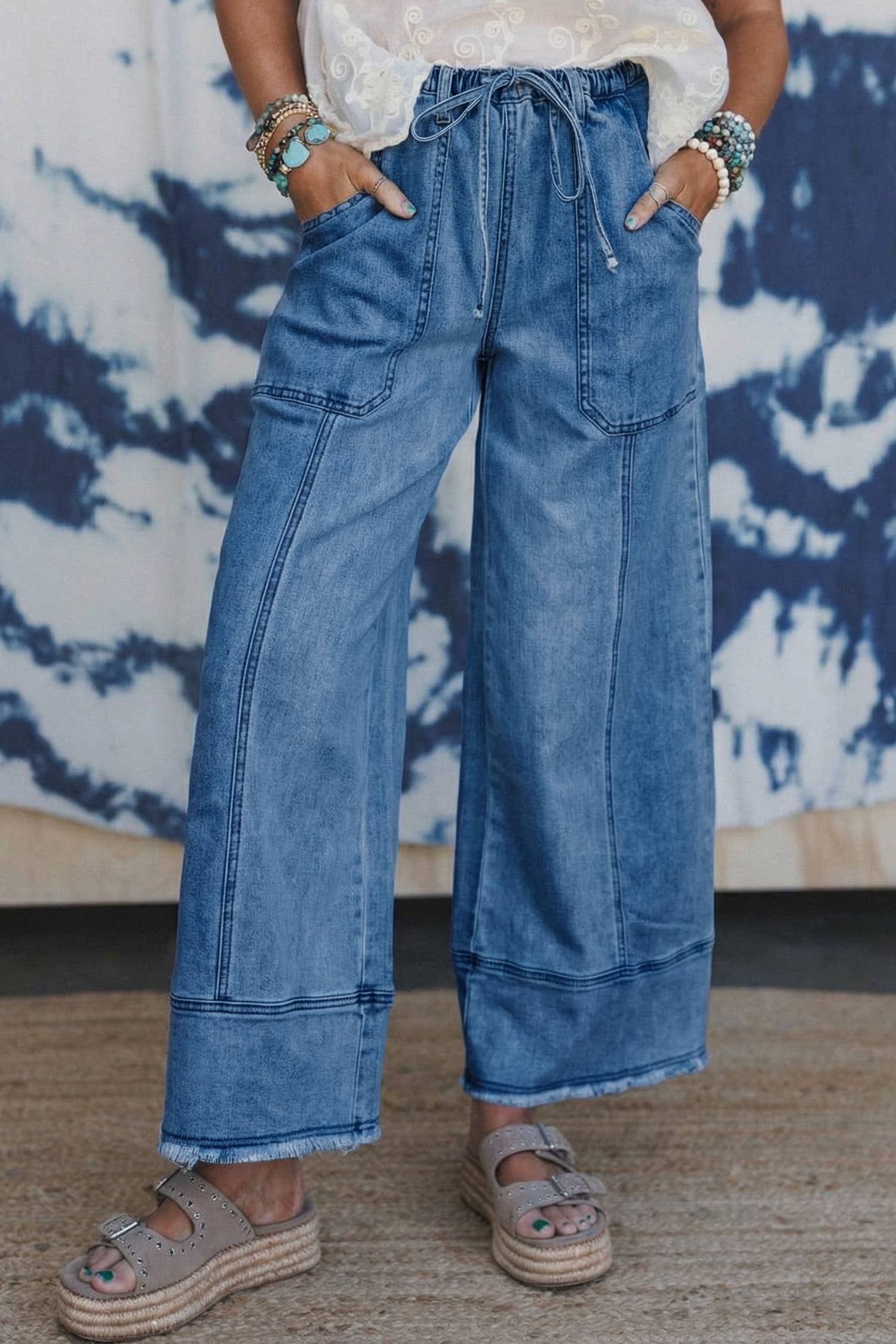 LDC Drawstring Seam Detail Raw Hem Wide Leg Denim Pants