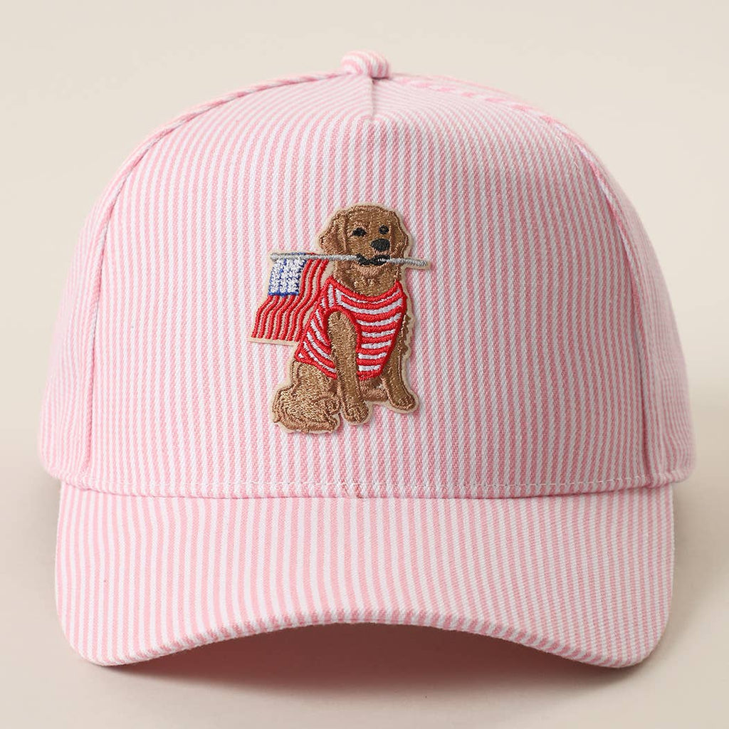 Dog Sitting Holding USA Flag Patch Seersucker Trucker Hat
