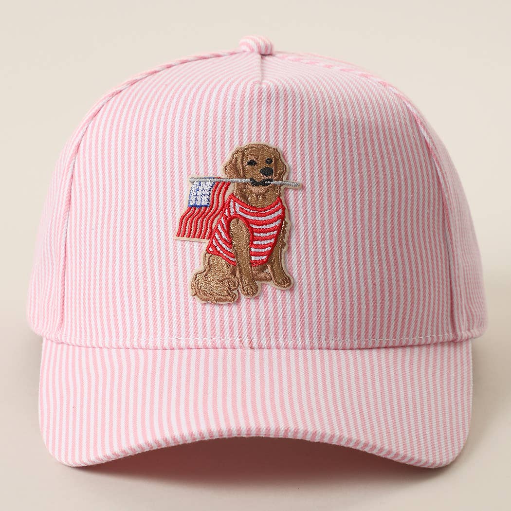 Dog Sitting Holding USA Flag Patch Seersucker Trucker Hat