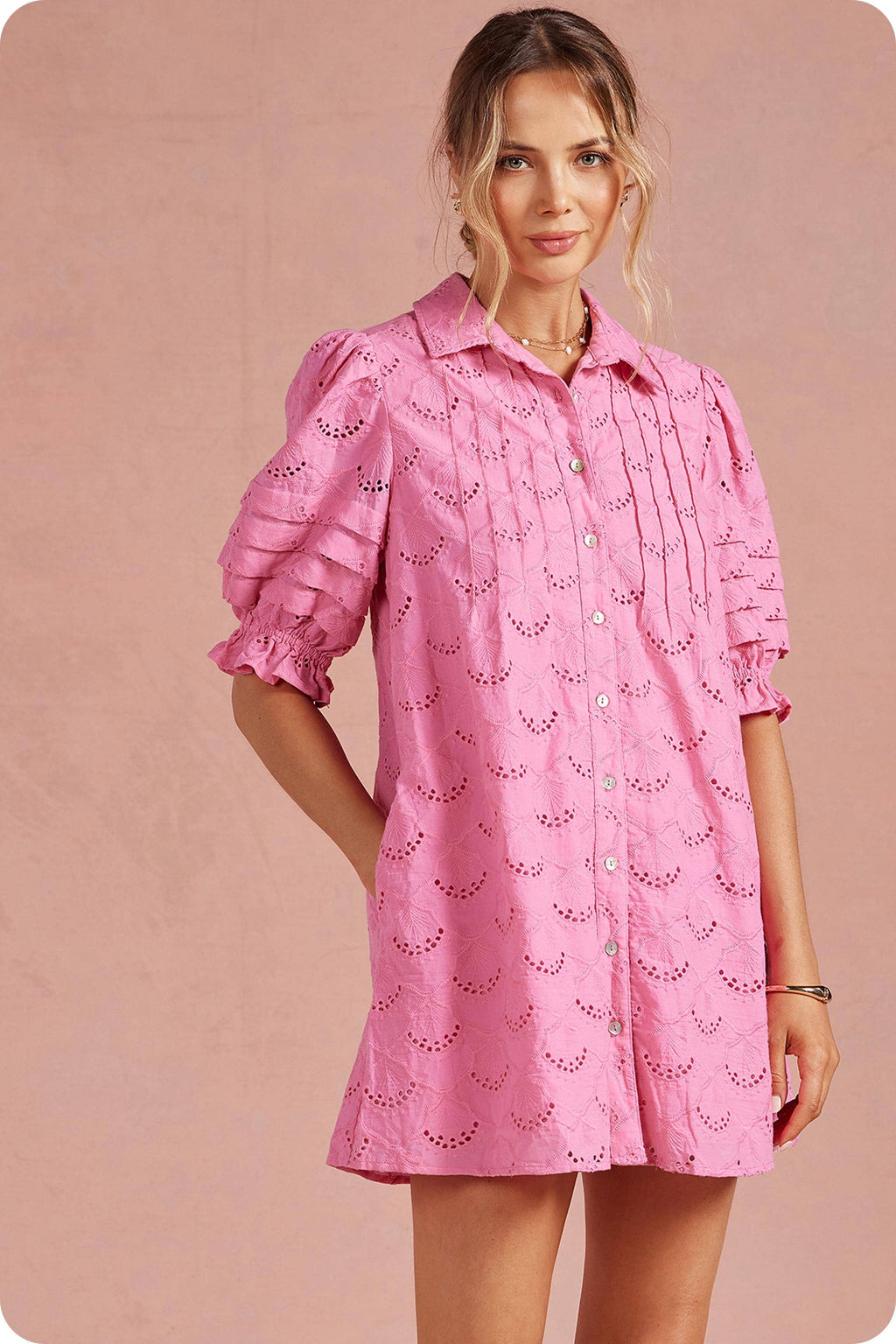 Pintuck Scalloped Eyelet Puff Sleeve Mini Shirt Dress