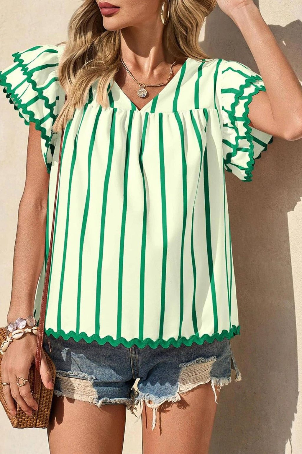 Striped V Neck Flutter Sleeve Blouse Casual Loose Top