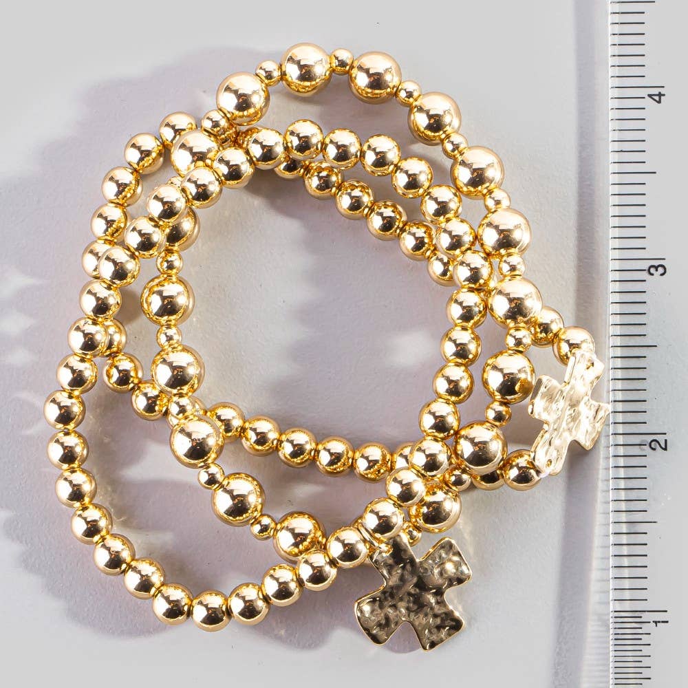 Hammered Cross Charm Metallic Beaded Bracelet Set