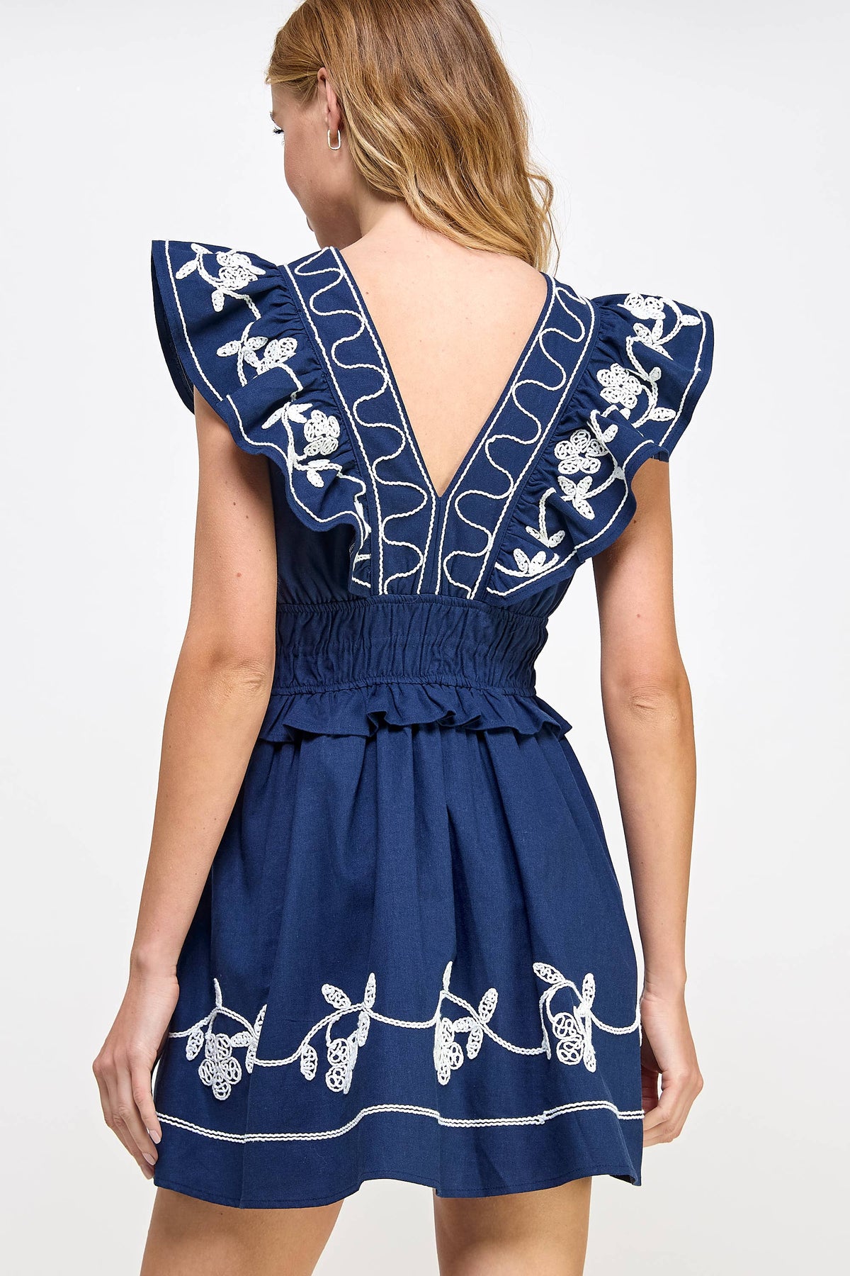 Embroidery Detail Ruffle Linen Mini Dress