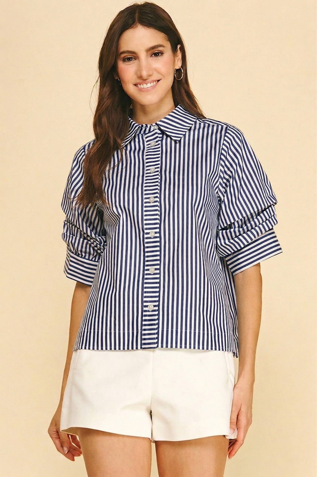 RUCHED SLEEVE STRIPED BUTTON DOWN SHIRT - 7061T