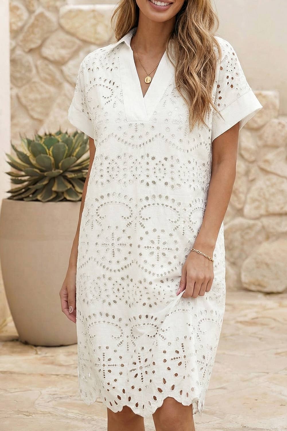 LDC Solid Color Eyelet Embroidered T Shirt Mini Dress