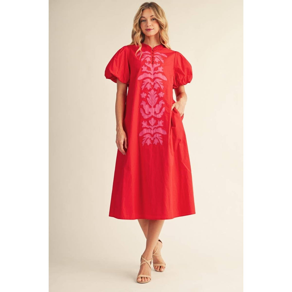Applique Accent Puff Sleeves Midi Dress
