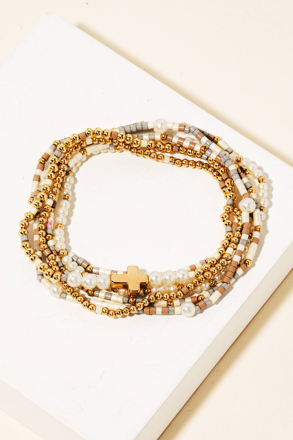 Cross Charm Mixed Beaded Bracelets Set