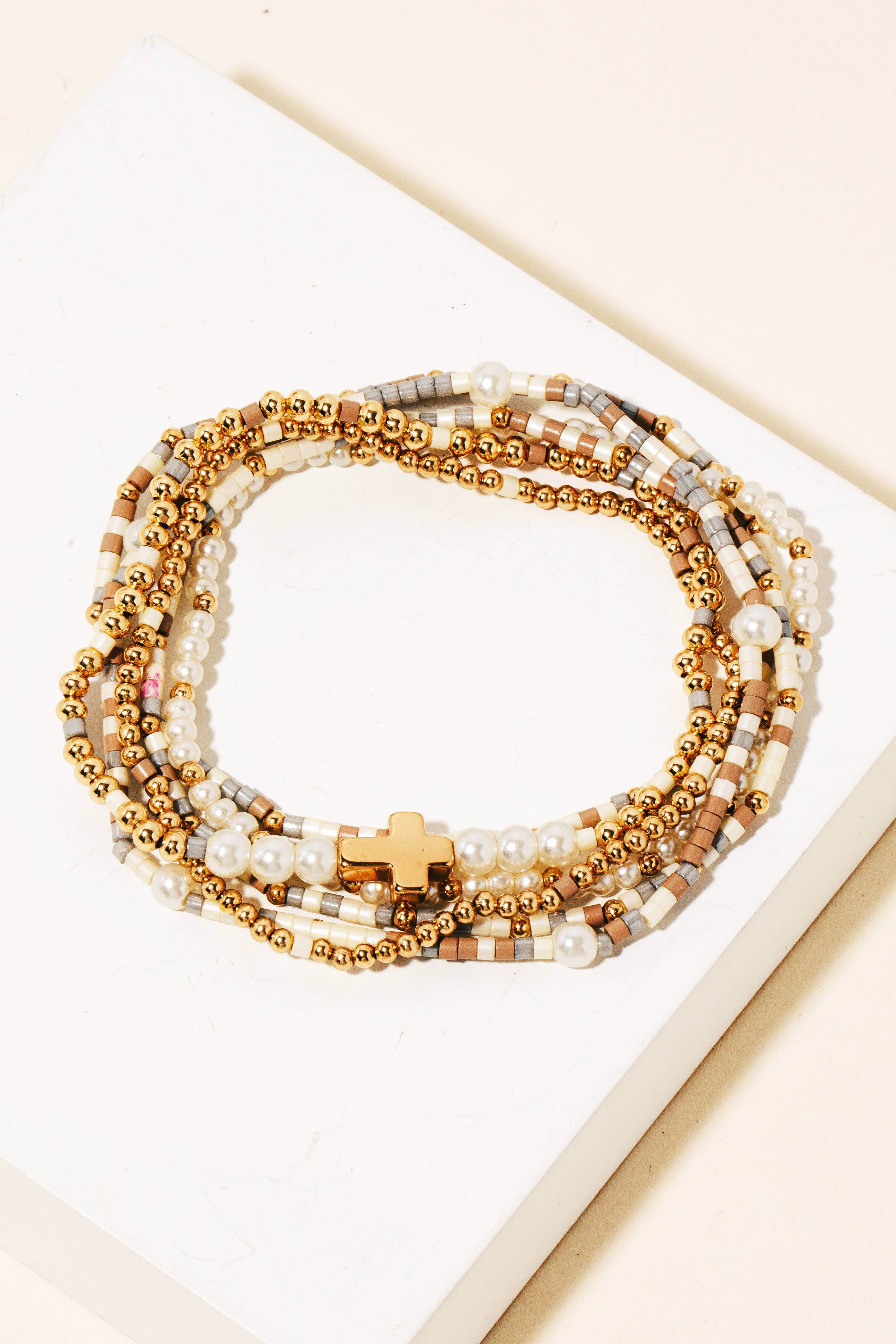Cross Charm Mixed Beaded Bracelets Set