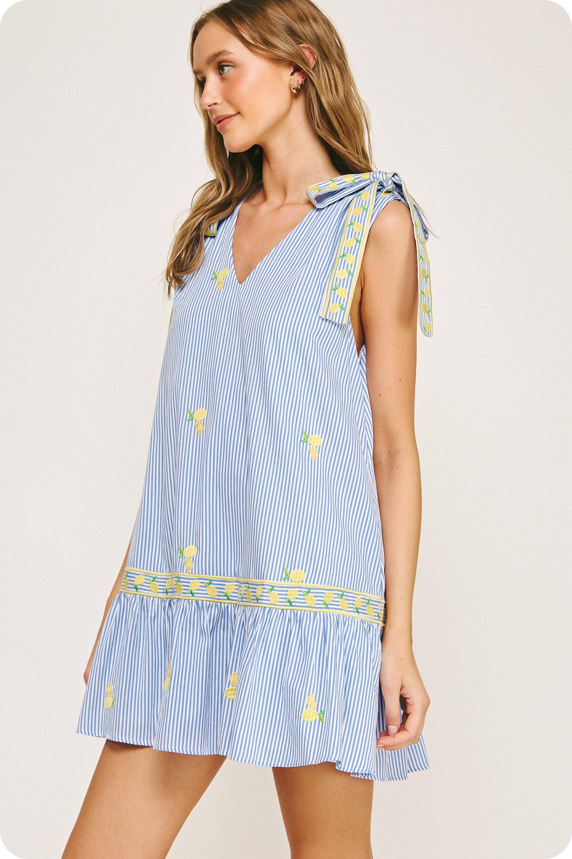 Lemon Embroidery Bow Strap Detail Stripe Mini Dress