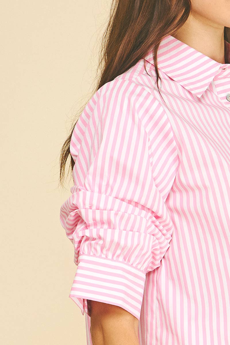 RUCHED SLEEVE STRIPED BUTTON DOWN SHIRT - 7061T