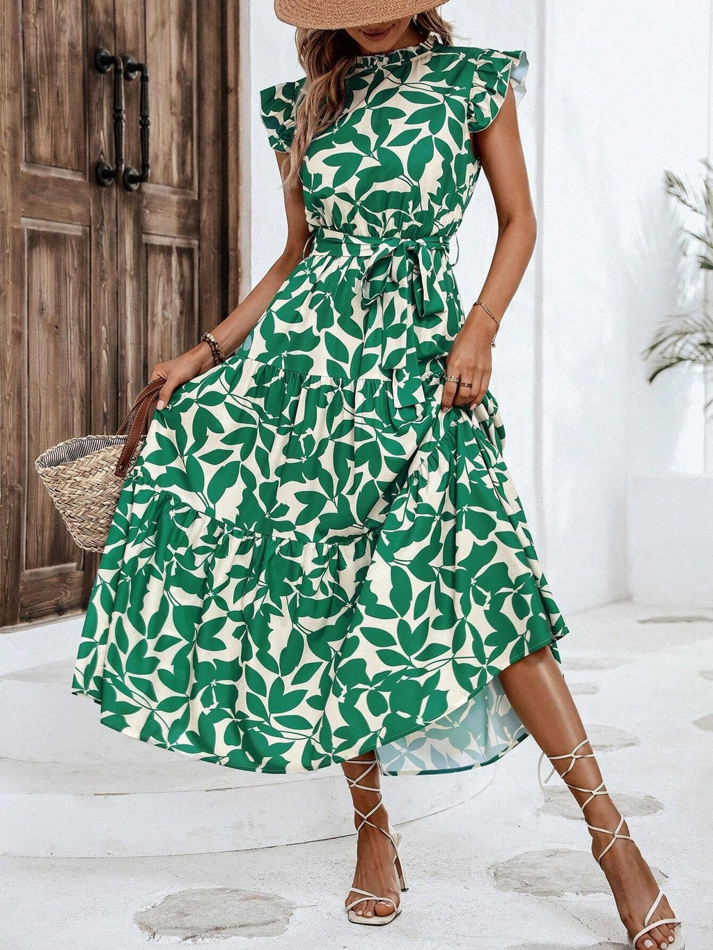 Fashion wooden ears fly-sleeve lace-up long dress