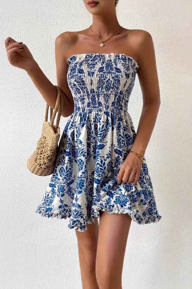 Vacation Paisley Floral Smocked strapless dress in blue