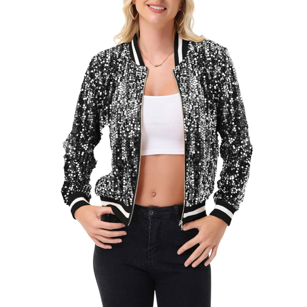 Game Day Sequin Bomber Jacket with Ribbed Trim and Front Zip