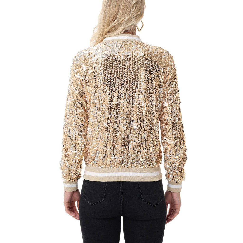 Game Day Sequin Bomber Jacket with Ribbed Trim and Front Zip