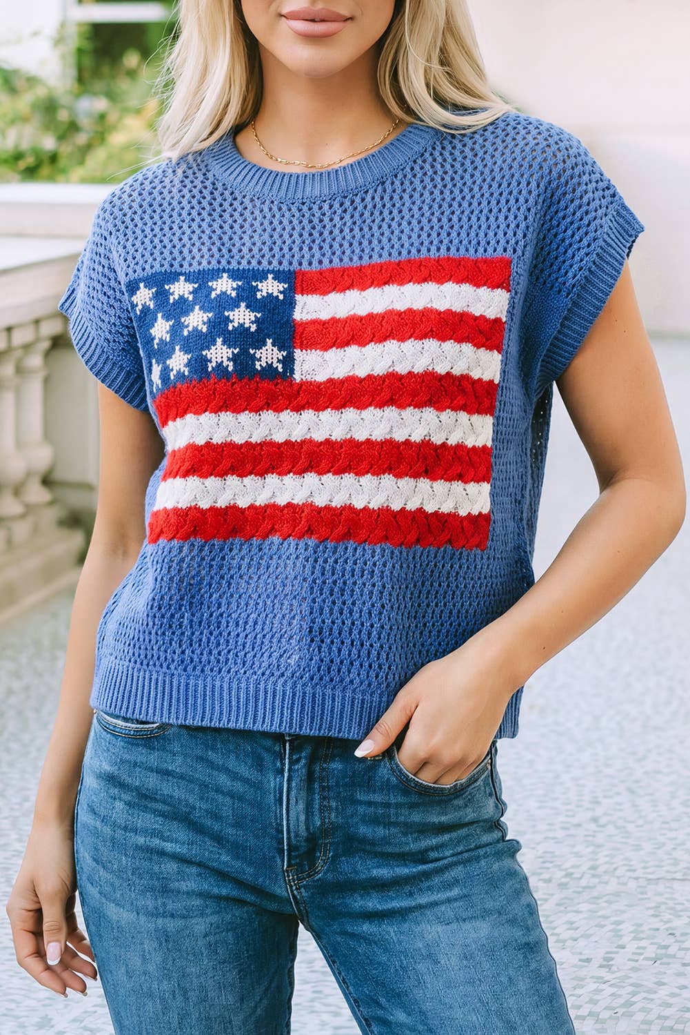 LDC 4th of July Flag Graphic Short Sleeve Sweater Top