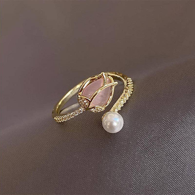 Opal Tulip Flower Pearl Stacking Bypass Ring in Solid Copper