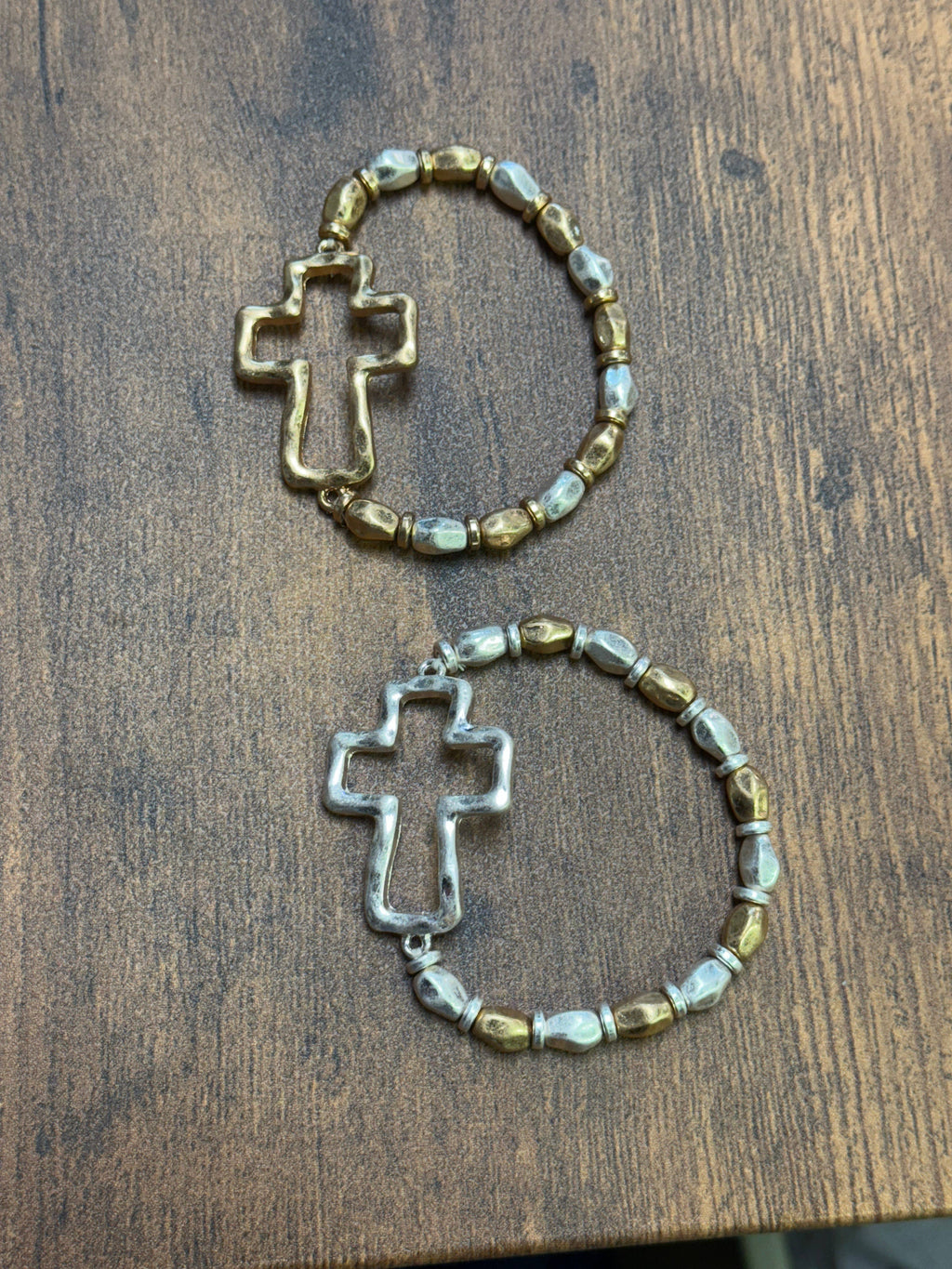 Gold or Silver Hammered Cross Mixed Metal Stretch Bracelet