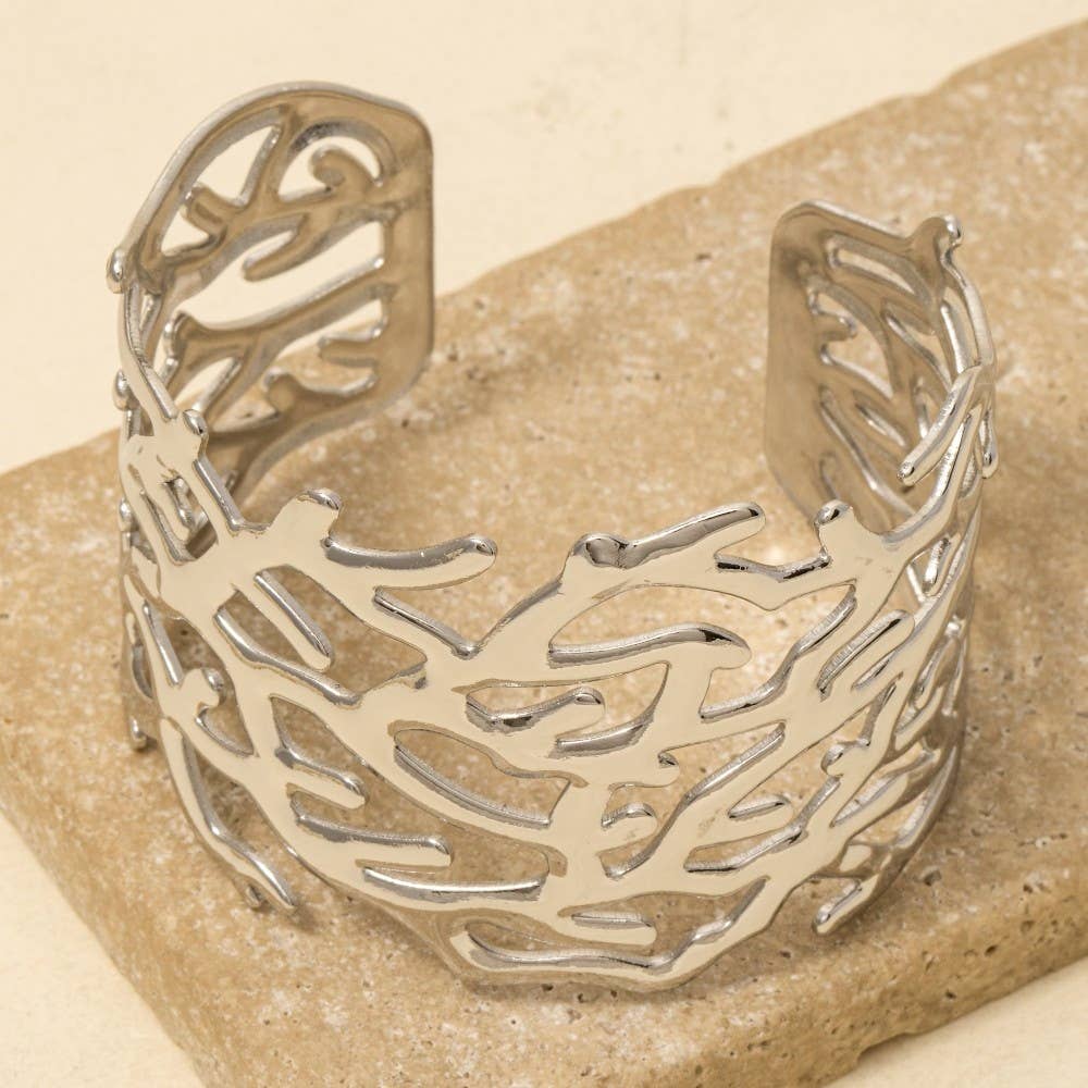 Stainless Steel Coral Pattern Wide Cuff Bracelet