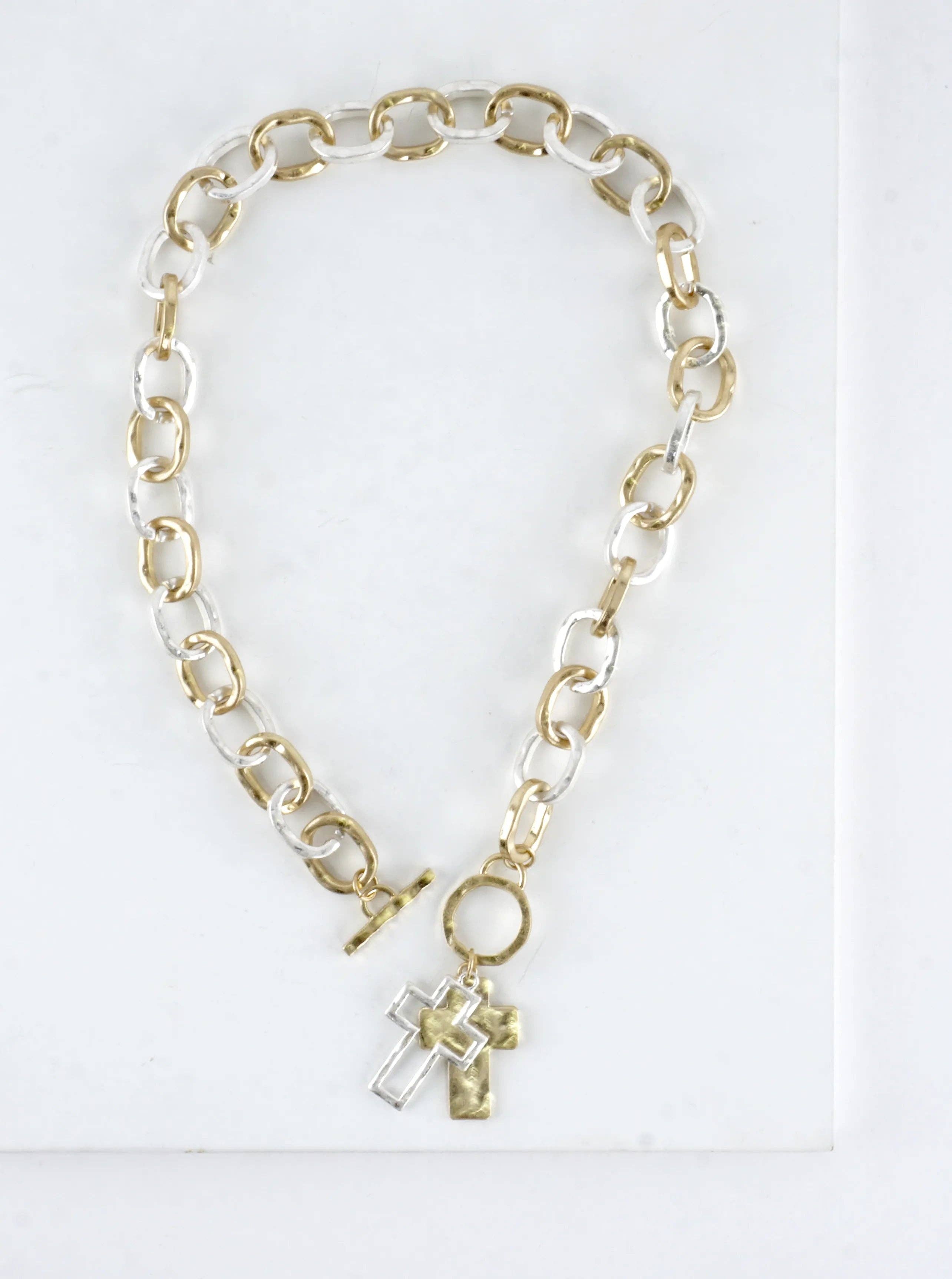 Chunky Hammered Two Cross Toggle Pendant Necklace
