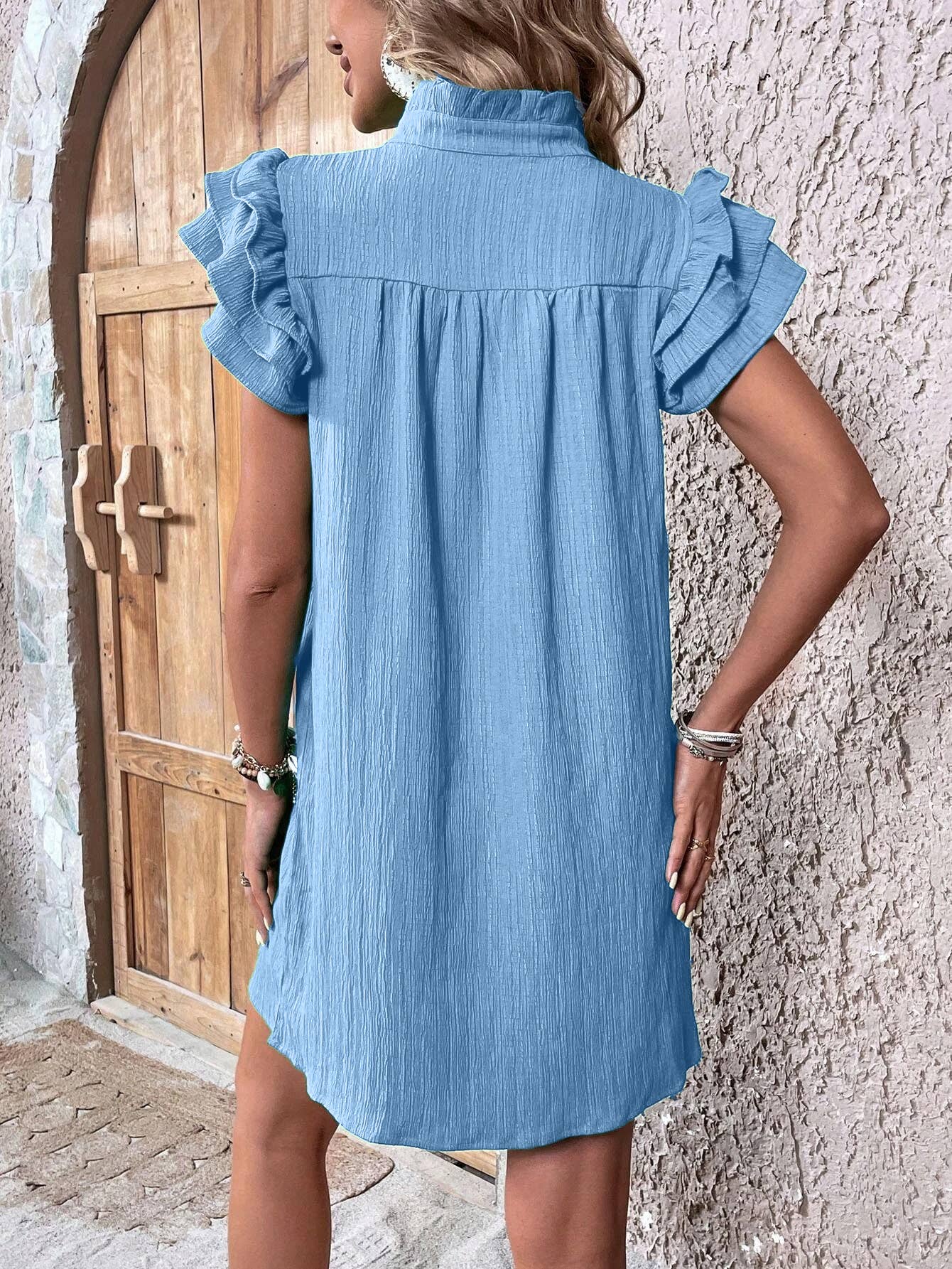 Multi-layer lotus sleeve V-neck long pullover dress
