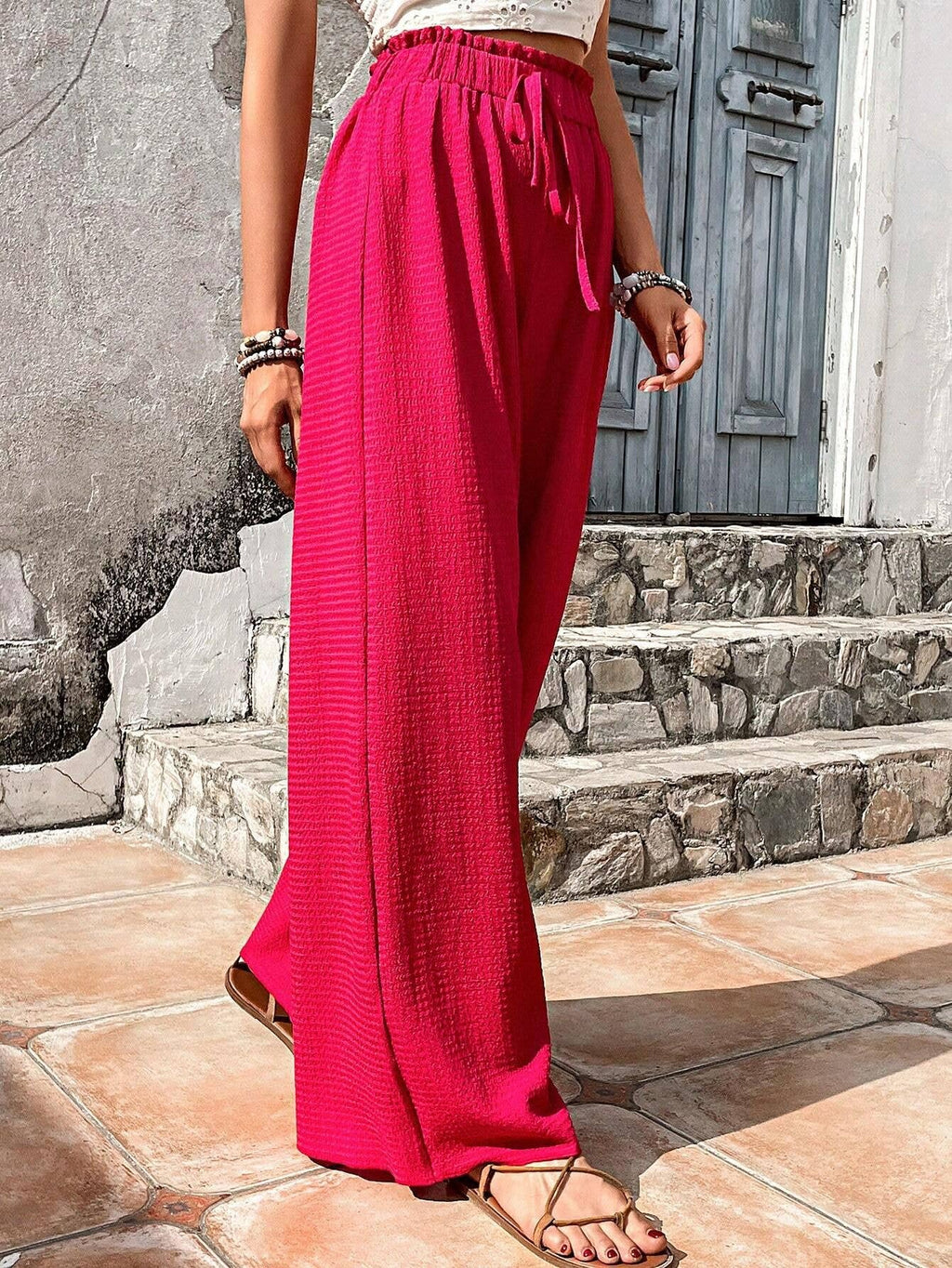 ASSORTED BUBBLE PLAID CASUAL WIDE-LEG PANTS