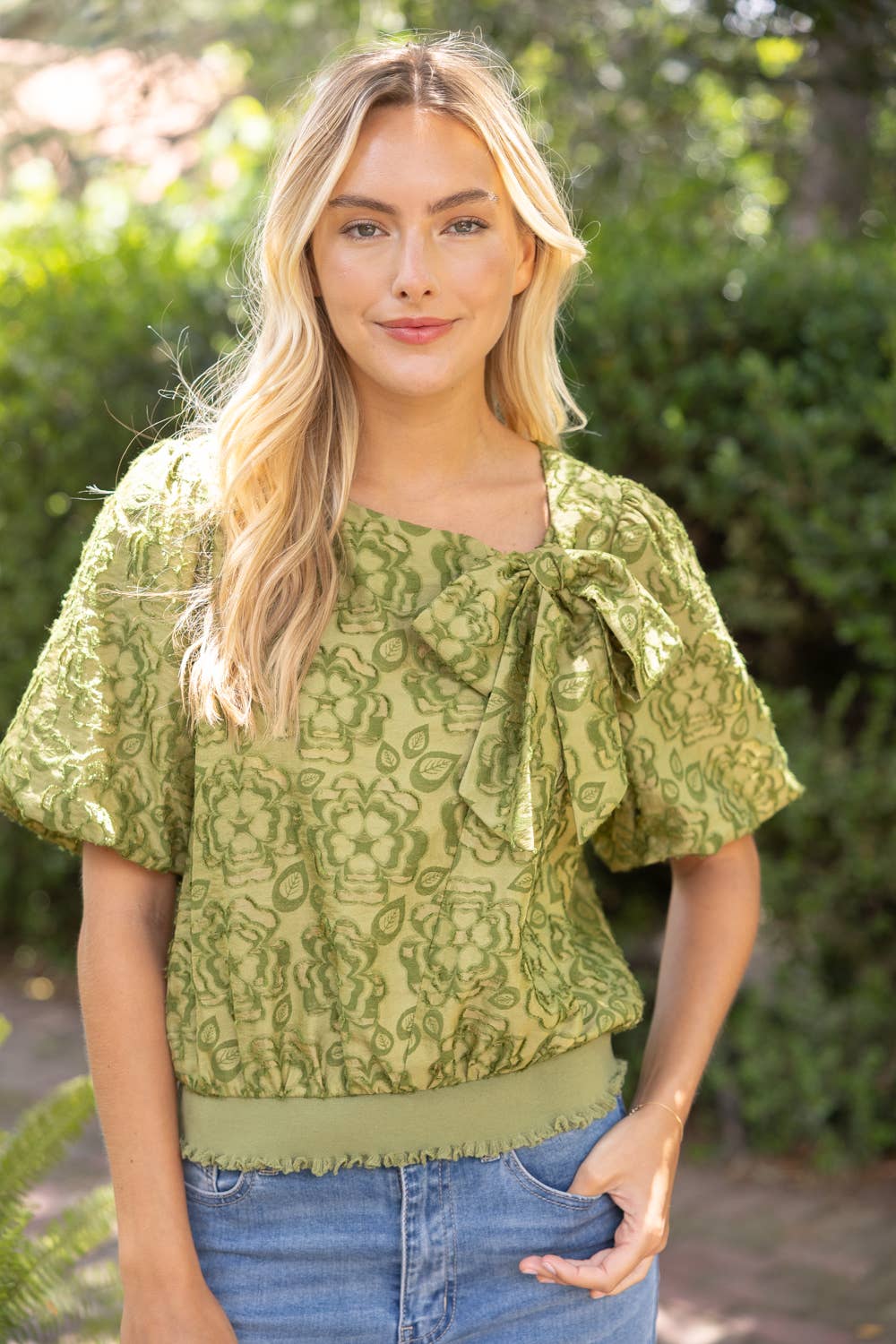 36917 Large Front Bow Detail Burn Out Floral Top