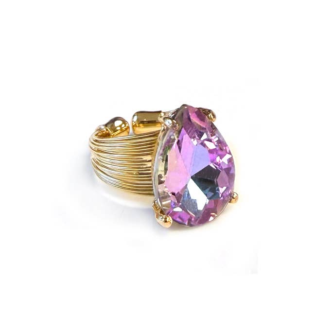 Teardrop Glass Crystal Cocktail Bead Adjustable Wire Ring