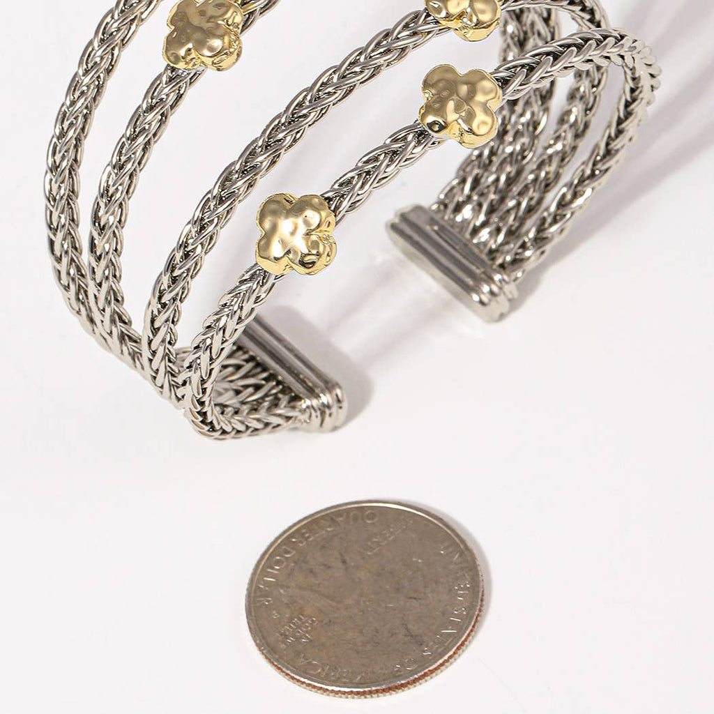 4 Layered Two-Tone Clover Braided Cuff Bracelets