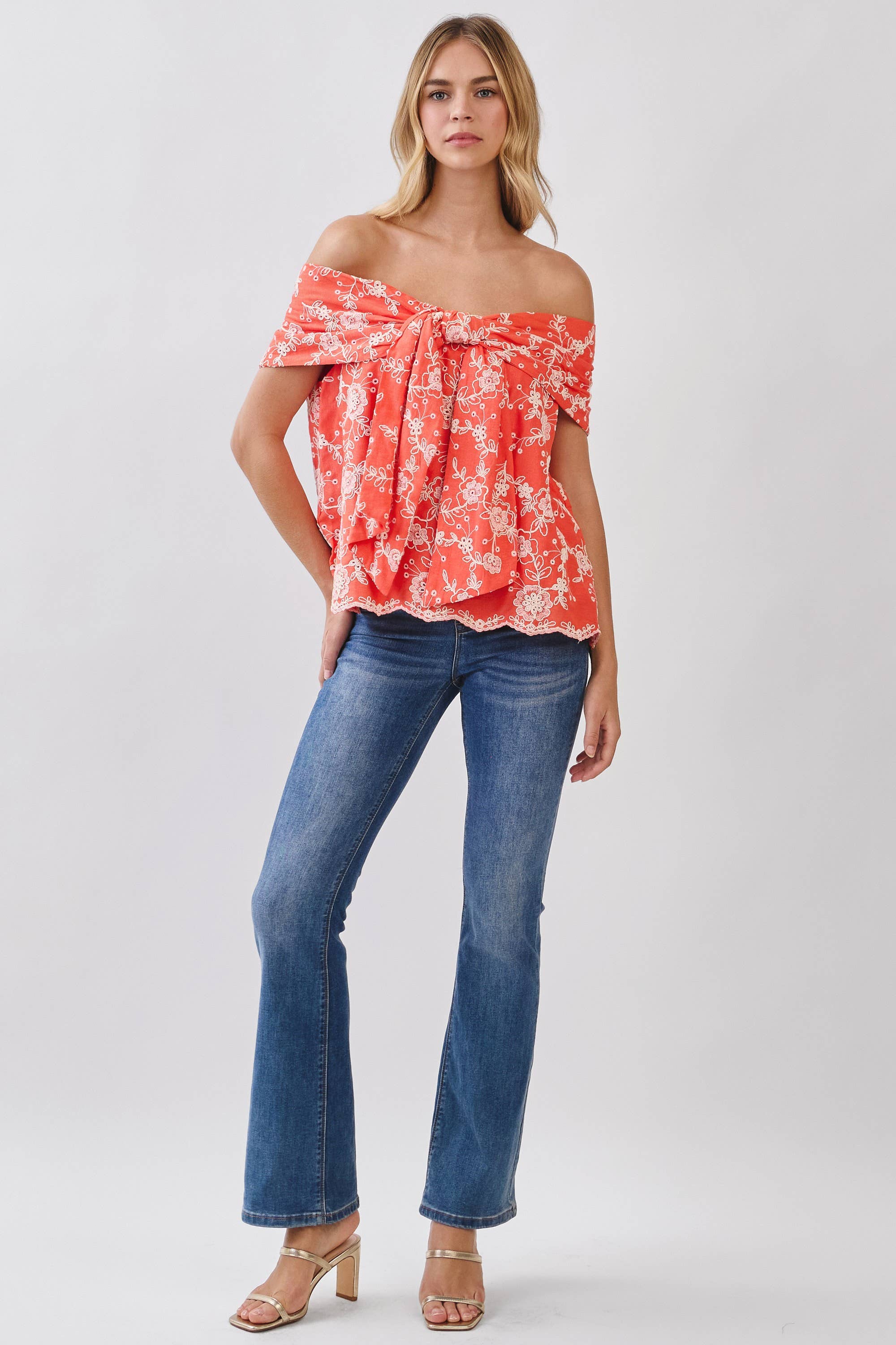 CT10126-Embroidered Foldover Off Shoulder Top
