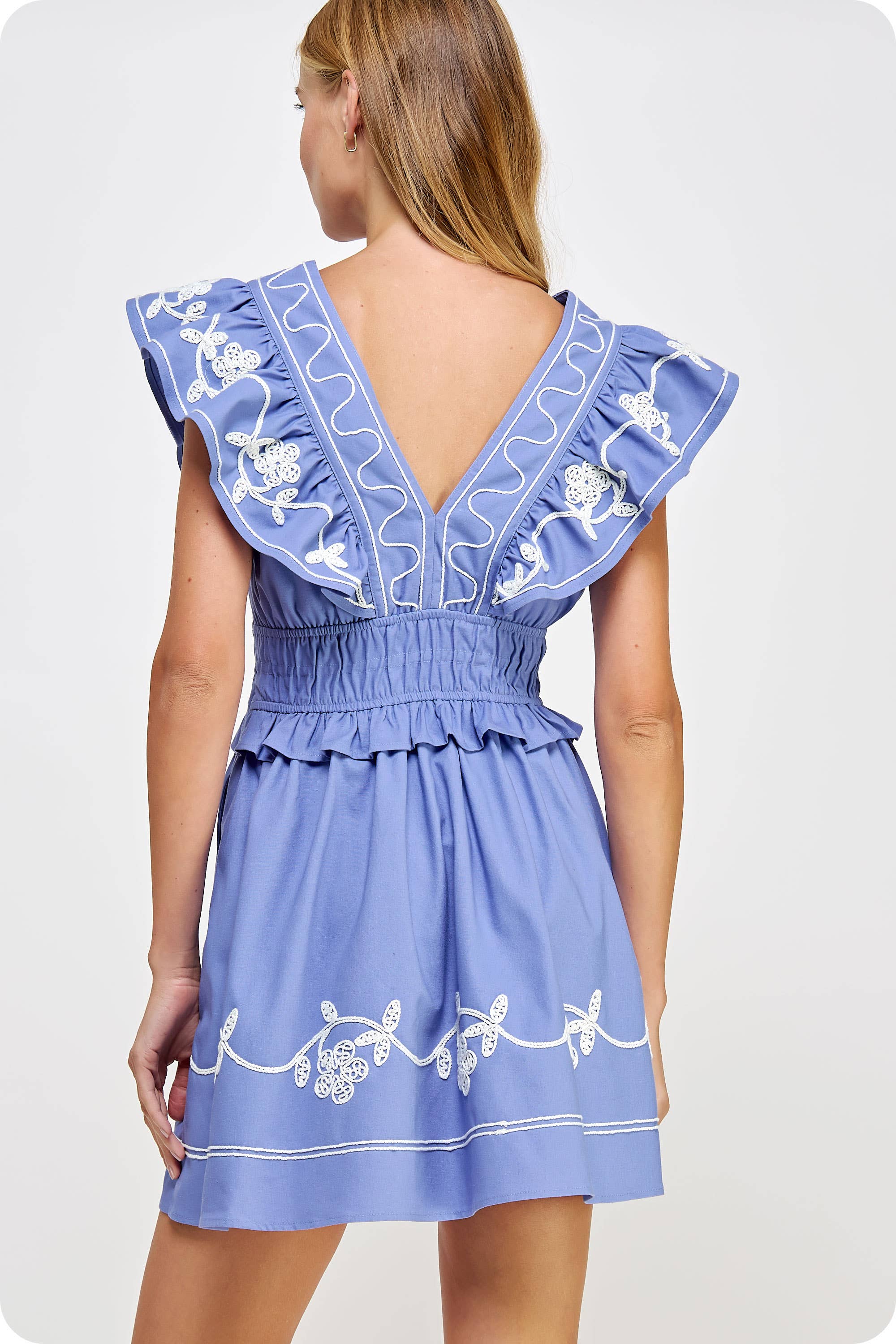 Embroidery Detail Ruffle Linen Mini Dress