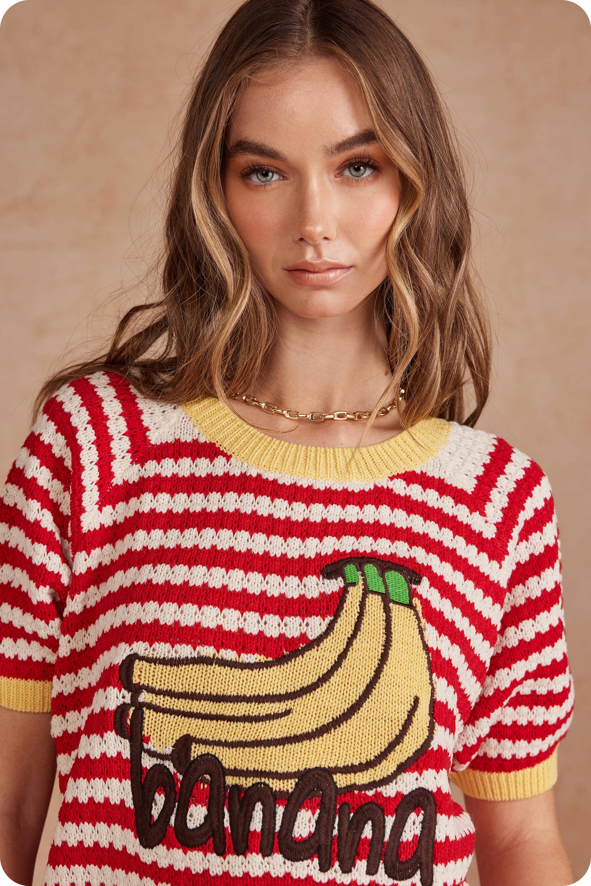 Playful Striped Banana Graphic Short Sleeve Sweater Top