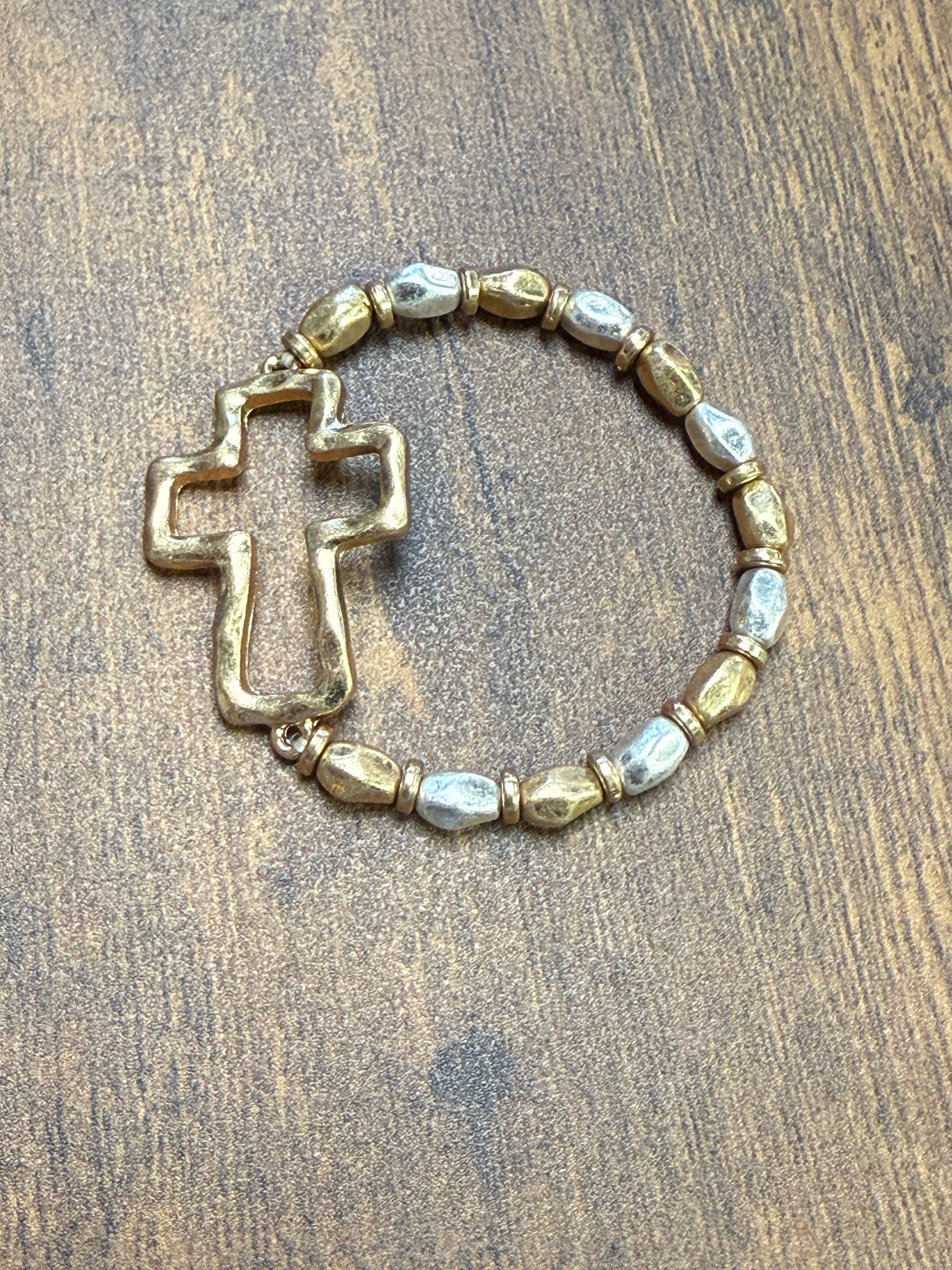 Gold or Silver Hammered Cross Mixed Metal Stretch Bracelet