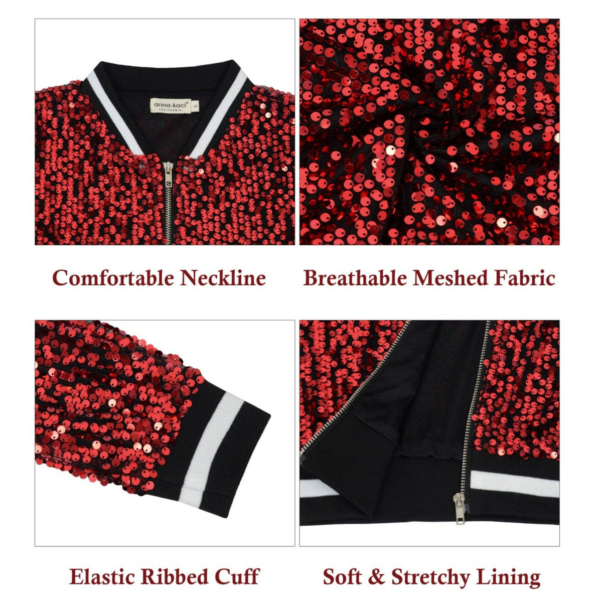 Game Day Sequin Bomber Jacket with Ribbed Trim and Front Zip