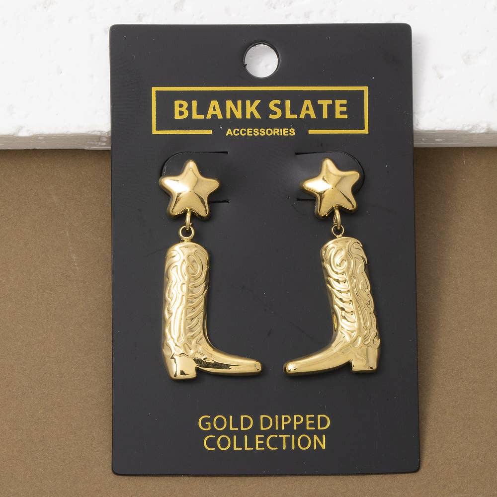 Gold Dipped Western Star And Cowboy Boot Drop Earrings