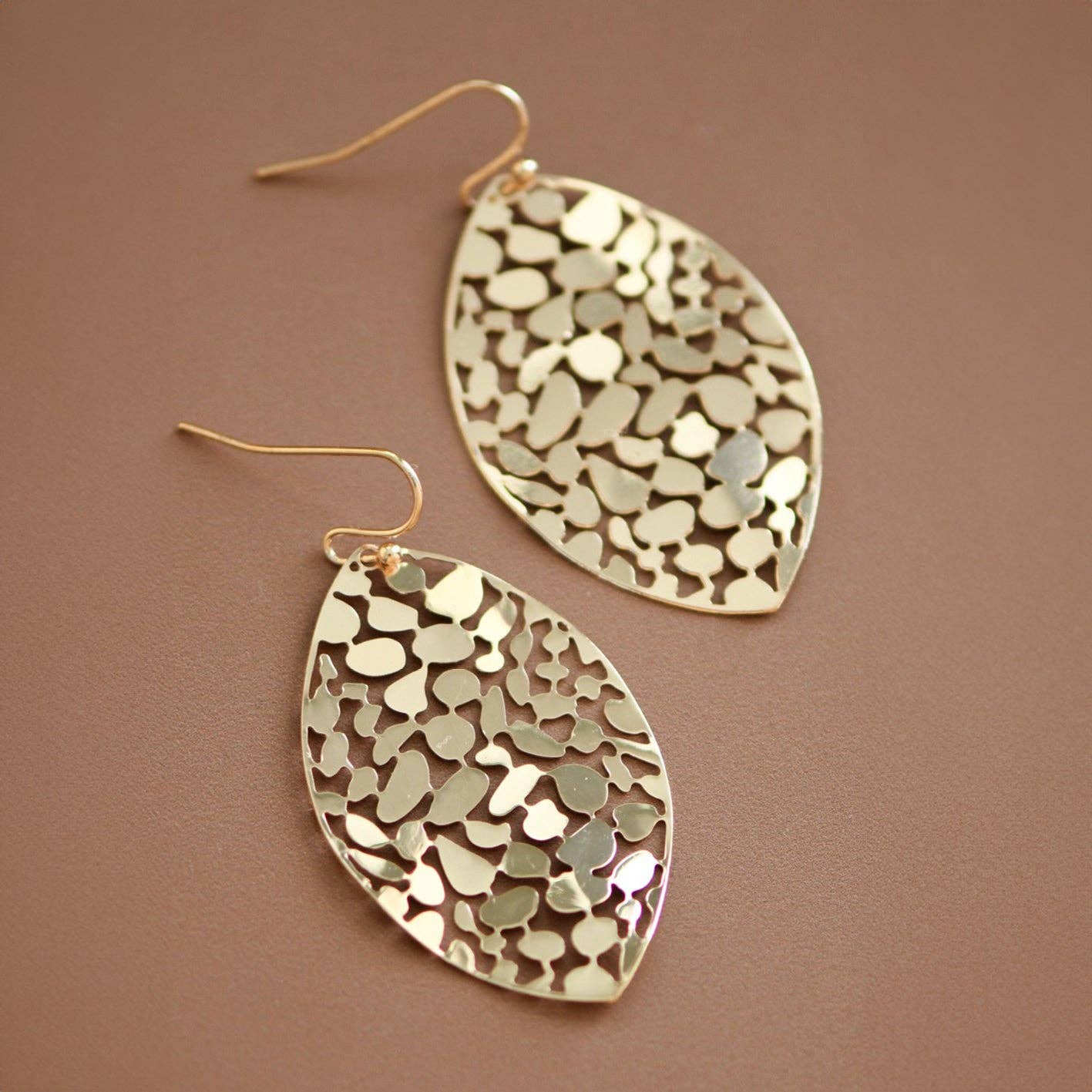 Gold Plated Metal Leaf Drop Earrings - 7418