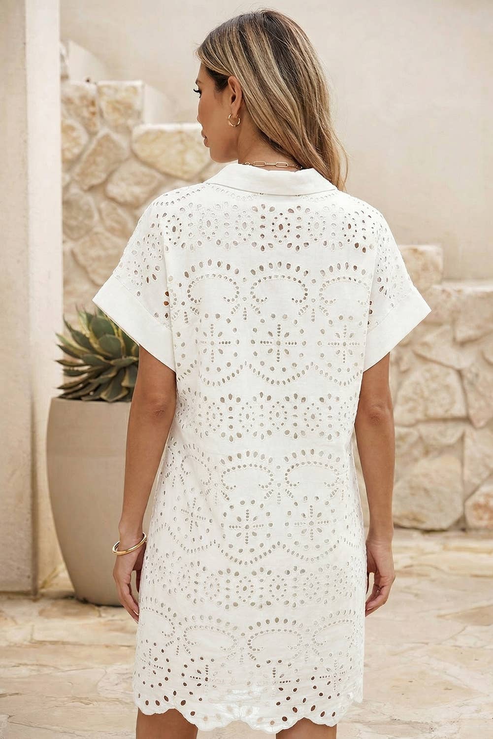 LDC Solid Color Eyelet Embroidered T Shirt Mini Dress