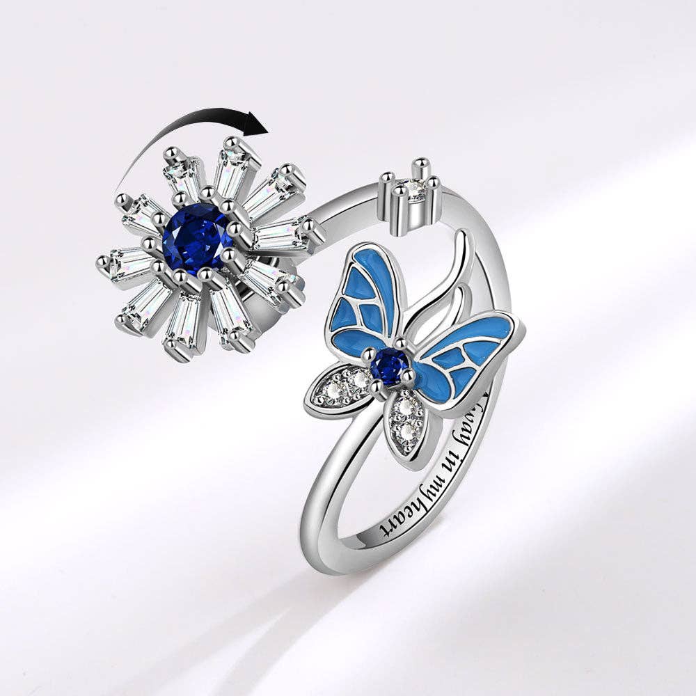 Butterfly Flower Anxiety Fidget Spinner Ring in Solid Copper