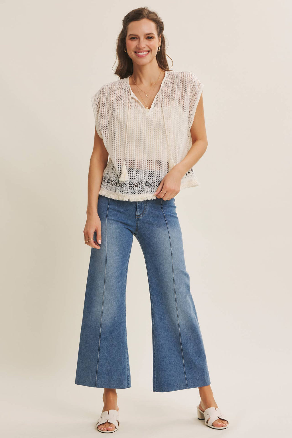 STRETCHY PINTUCK ANKLE LENGTH WIDE-LEG DENIM PANTS