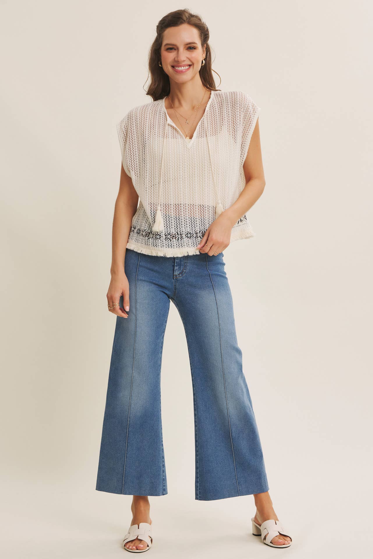 STRETCHY PINTUCK ANKLE LENGTH WIDE-LEG DENIM PANTS