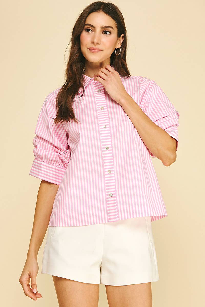 RUCHED SLEEVE STRIPED BUTTON DOWN SHIRT - 7061T