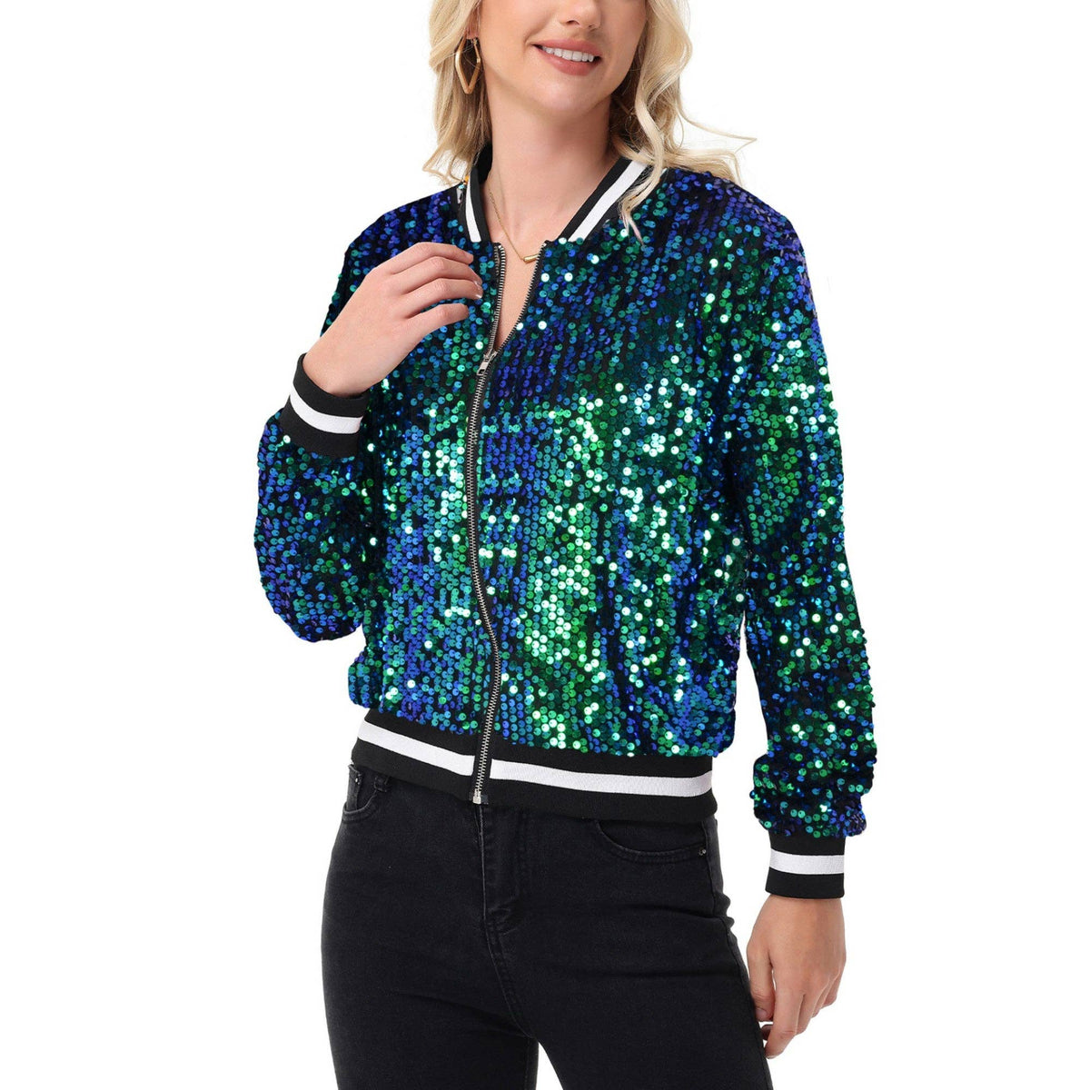 Game Day Sequin Bomber Jacket with Ribbed Trim and Front Zip