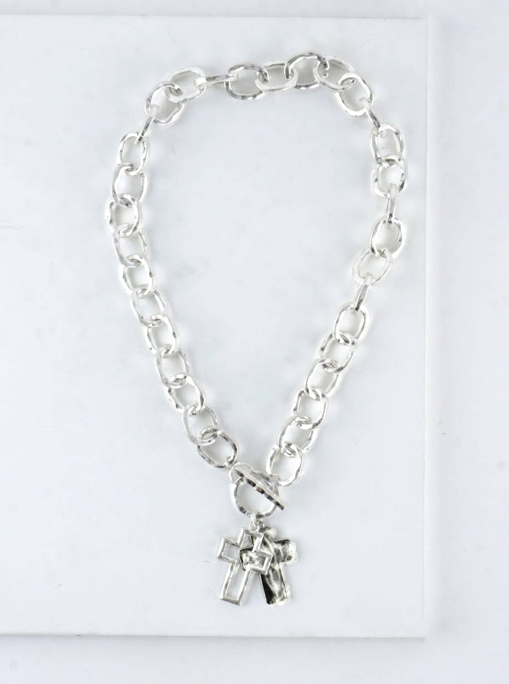 Chunky Hammered Two Cross Toggle Pendant Necklace