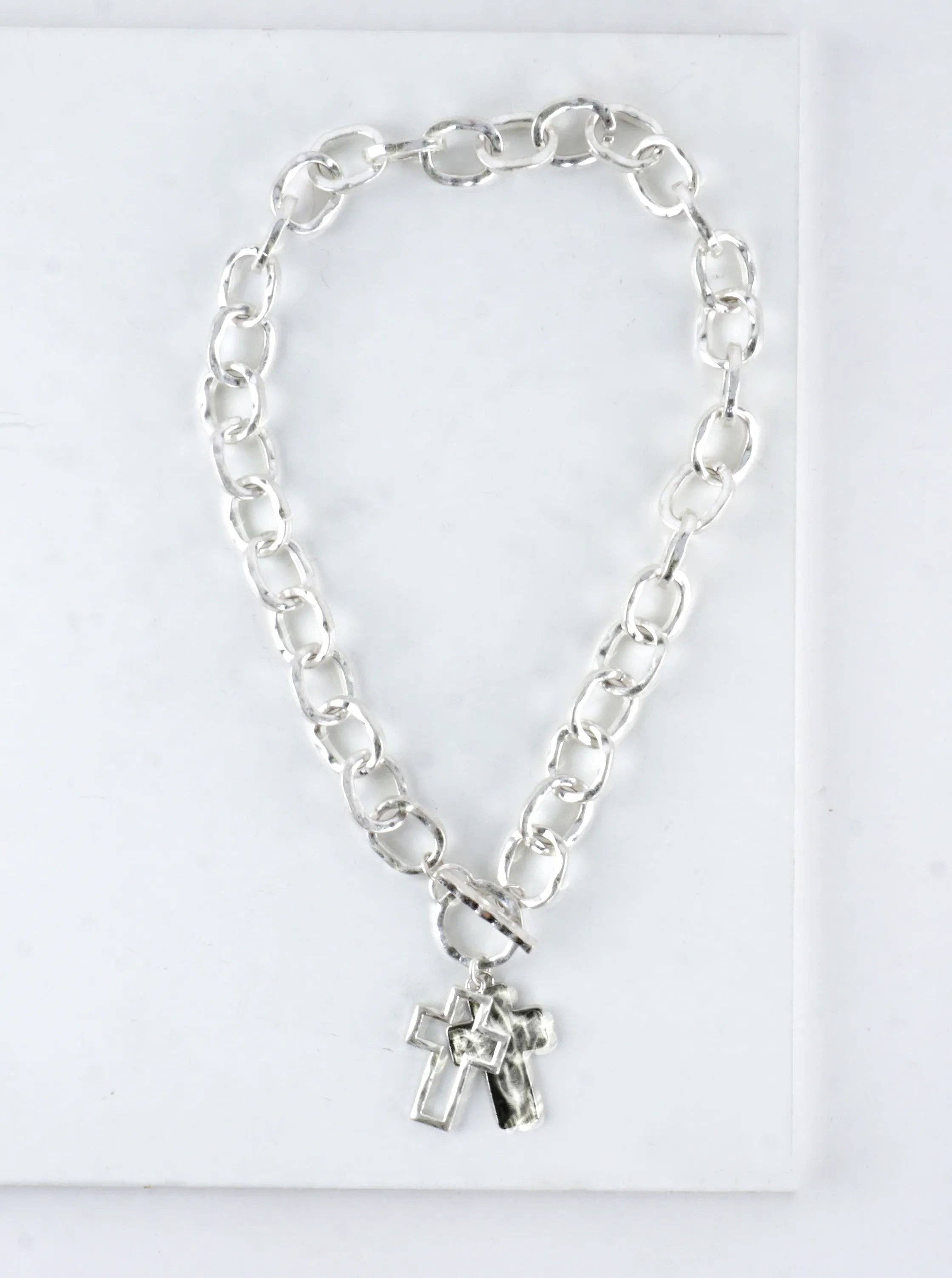 Chunky Hammered Two Cross Toggle Pendant Necklace